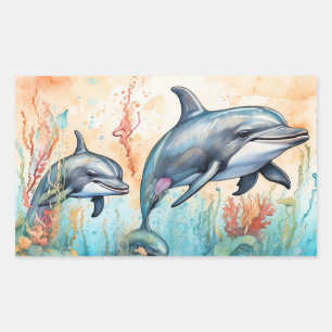 Aquarell-Delfine-Kunstposter Rechteckiger Aufkleber
