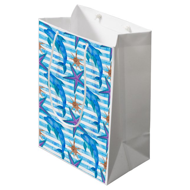 Aquarell-Delphin-Muster Mittlere Geschenktüte (Vorderseite Schrägansicht)