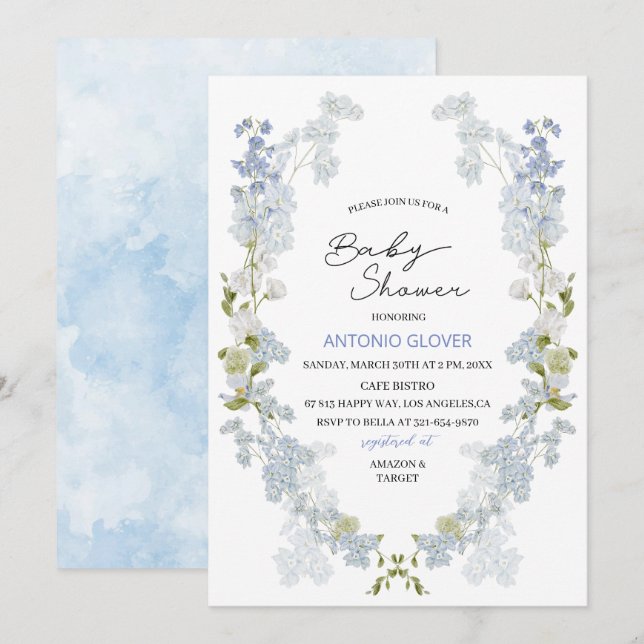 Aquarell Delphinium blue flowers Einladung (Vorne/Hinten)