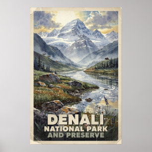 Aquarell Denali National Park and Preserve Retro Poster