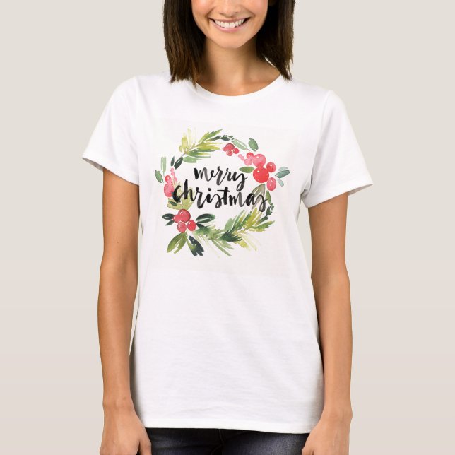 Aquarell des Weihnachten| - frohe Weihnacht-Kranz T-Shirt (Vorderseite)
