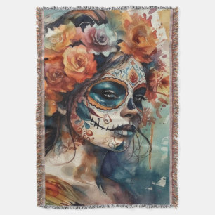 Aquarell Día de los Muertos Catrina-Porträt Decke