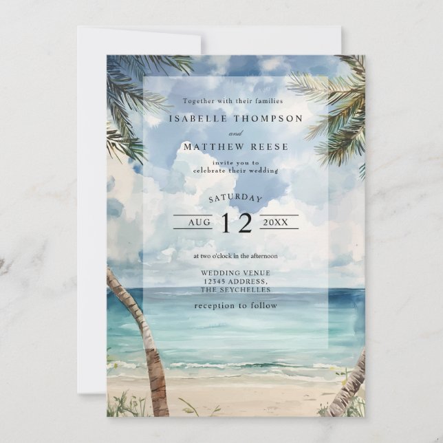 Aquarell Die Hochzeit am tropischen Strand der Sey Einladung (Vorderseite)