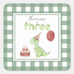 Aquarell-Dinosaurier 3. Geburtstag Quadratischer Aufkleber