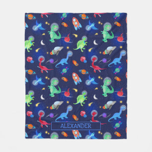 Aquarell-Dinosaurier-Astronauten im Weltraum Blau Fleecedecke