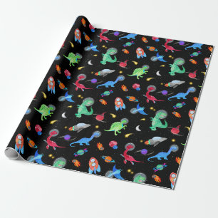 Aquarell-Dinosaurier-Astronauten im Weltraum Blau Geschenkpapier