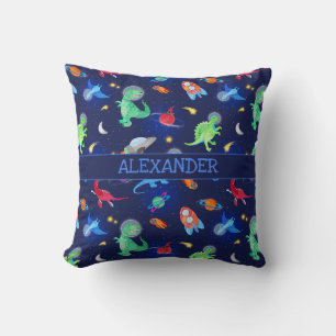 Aquarell-Dinosaurier-Astronauten im Weltraum Blau Kissen