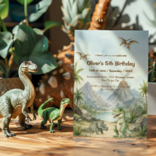 Aquarell-Dinosaurier mit prähistorischer Landschaf Einladung