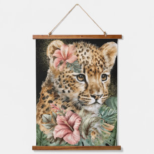 Aquarell-Dschungel-Baby-Tiere-Blumenkunst Wandteppich Mit Holzrahmen