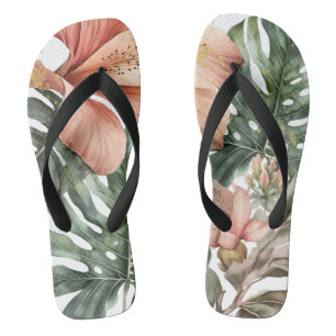 Aquarell-Dschungel-Blumen-Pfirsich-Grün-Gold-Sprit Flip Flops