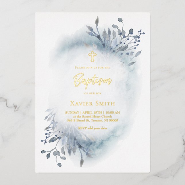Aquarell dusty blue foliage Taufe Folieneinladung (Vorderseite)