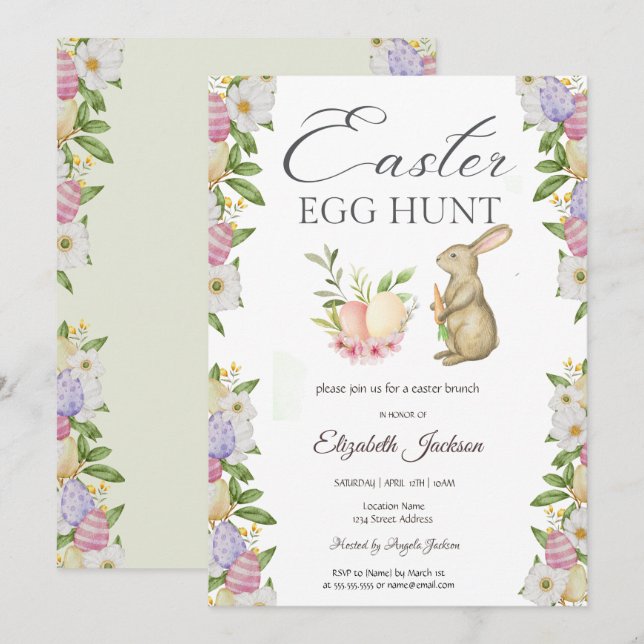 Aquarell Eegs Bunny Blume Brunch & Bubbly Einladung (Vorne/Hinten)