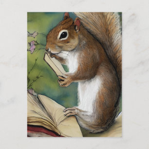 Aquarell Eichhörnchen liest ein Buch Postkarte