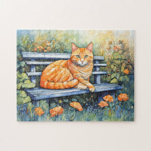 Aquarell einer Katze auf einer Bank in einem Blume