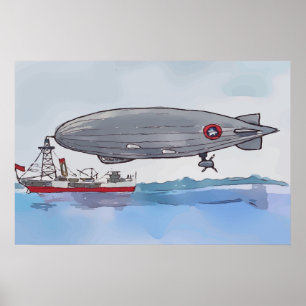 Aquarell eines an einem Boot befestigten Luftschif Poster