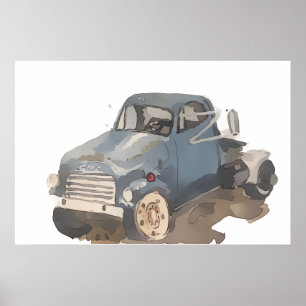 Aquarell eines blaugrauen Pritschenwagens Poster