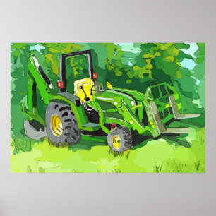 Aquarell eines grünen Traktors, Baggerlader, Gabel Poster