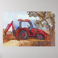Aquarell eines orangen Traktorbaggers