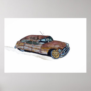 Aquarell eines rostigen alten Antiquität-Sedans Poster