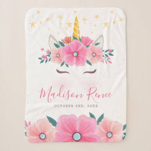 Aquarell-Einhorn-Gesicht-Blumen-Sterne-Baby Sherpadecke