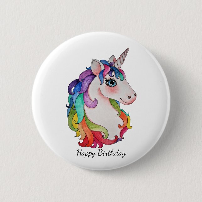 Aquarell-Einhorn mit dem Regenbogen-Haar Button (Vorderseite)