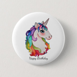 Aquarell-Einhorn mit dem Regenbogen-Haar Button