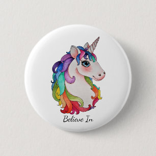 Aquarell-Einhorn mit dem Regenbogen-Haar Button