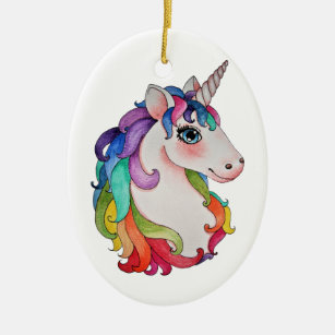 Aquarell-Einhorn mit dem Regenbogen-Haar Keramik Ornament