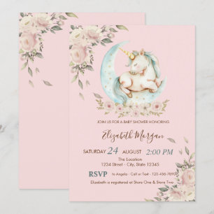 Aquarell Einhorn Mond Blumen Baby Shower  Einladung