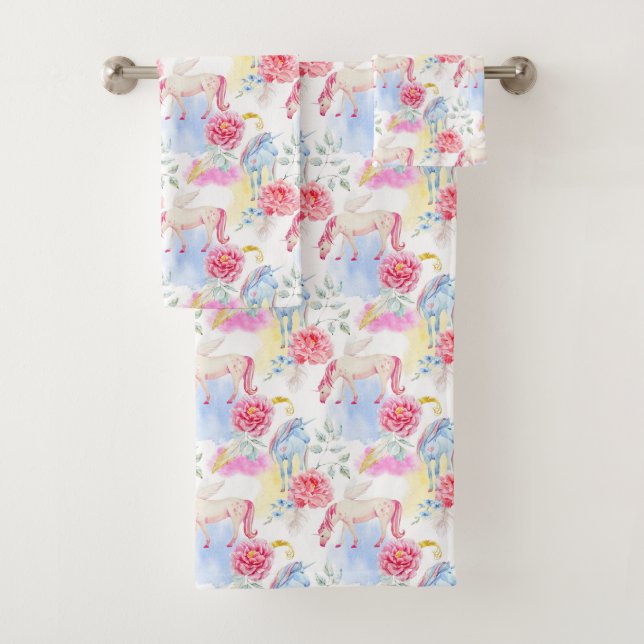 Aquarell-Einhorn-u. Pegasus-Muster Badhandtuch Set (Insitu)
