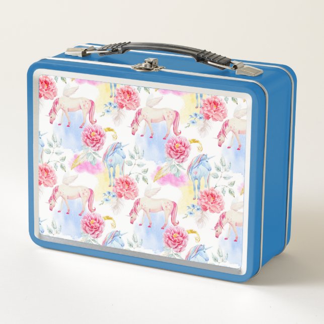 Aquarell-Einhorn-u. Pegasus-Muster Metall Brotdose (Vorderseite)