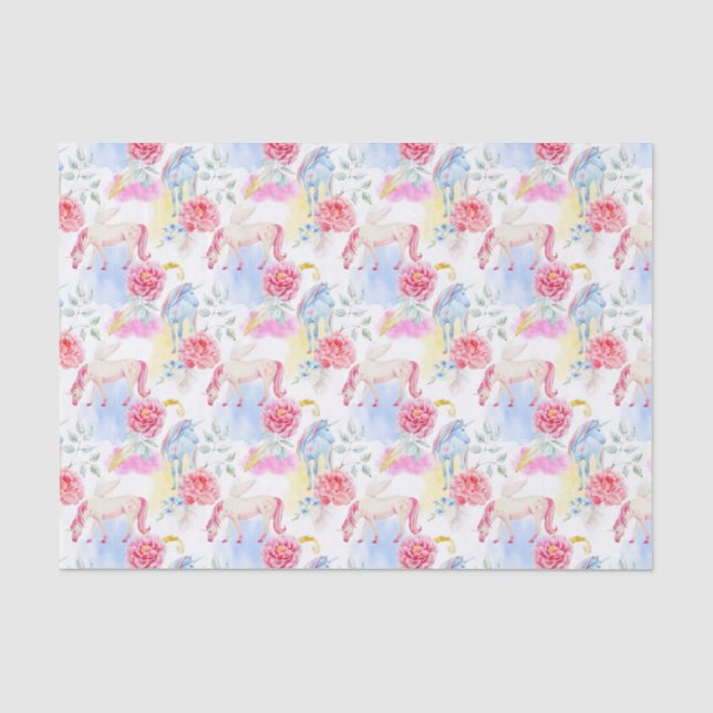 Aquarell-Einhorn-u. Pegasus-Muster Seidenpapier (Vorderseite)