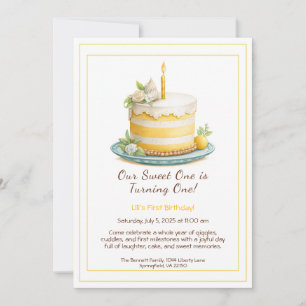 Aquarell-Einladung zum 1. Geburtstag - Kuchen gelb Einladung