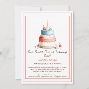 Aquarell-Einladung zum 1. Geburtstag mit Kuchenker Einladung