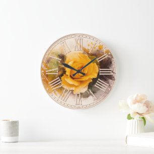 Aquarell-Einzelne Gelbe Rose Große Wanduhr