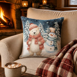 Aquarell Eisbär und Schneemann Winter Weihnachten Kissen