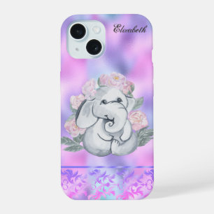 Aquarell Elefant Blumen Holografisch iPhone 15 Hülle