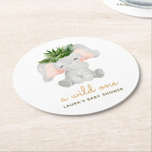 Aquarell-Elefant Tropische Blätter Babyparty Runder Pappuntersetzer