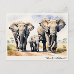 Aquarell Elefantenfamilie Personalisierter Name Postkarte