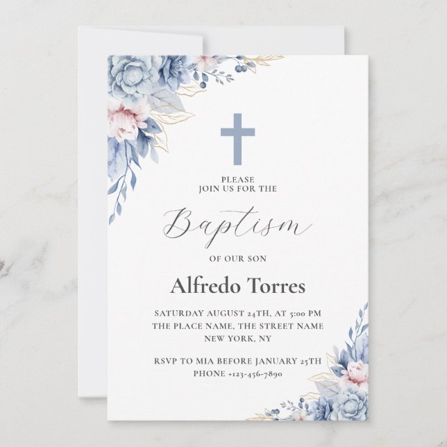 Aquarell Elegant Dusty Blue Floral Baby Taufe Einladung (Vorderseite)