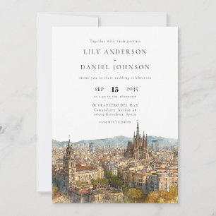 Aquarell-Elegante Hochzeit in Barcelona Einladung