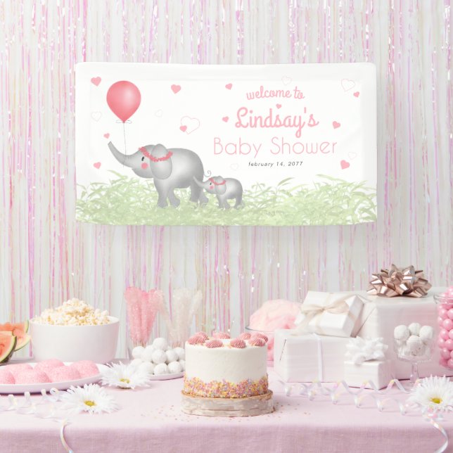 Aquarell Elephant Pink Heart Baby Dusche Willkomme Banner (Party)