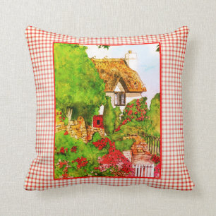 Aquarell Englisch Hütte Red White Karos Kissen
