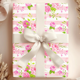 Aquarell Englische Rosen Rosa Weiße Streifen Geschenkpapier