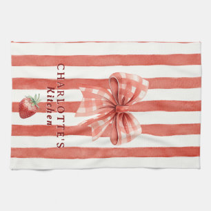 Aquarell-Erdbeer-Gingham-Schleife Roter Streifen Geschirrtuch