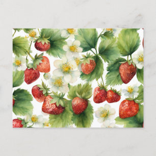 Aquarell-Erdbeere Frucht und Erdbeerblüten Postkarte