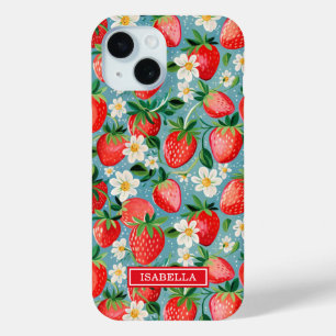 Aquarell-Erdbeeren auf blauem Monogramm Case-Mate iPhone Hülle