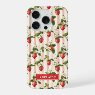 Aquarell-Erdbeeren auf Streifen monogrammiert iPhone 15 Pro Hülle