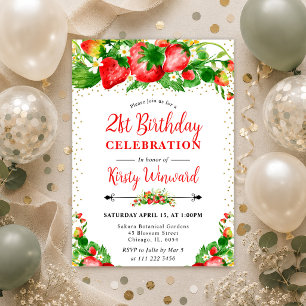 Aquarell-Erdbeeren und Blumen 21. Geburtstag Einladung