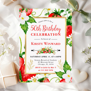 Aquarell Erdbeeren und Blumen 50. Geburtstag Einladung